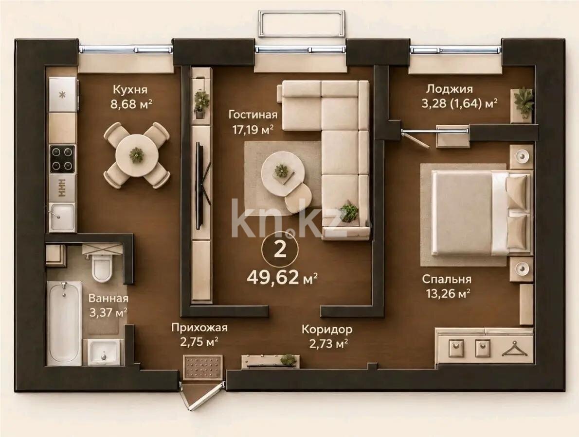 Продажа 2-комнатной квартиры, 49.62 м² в Астане
