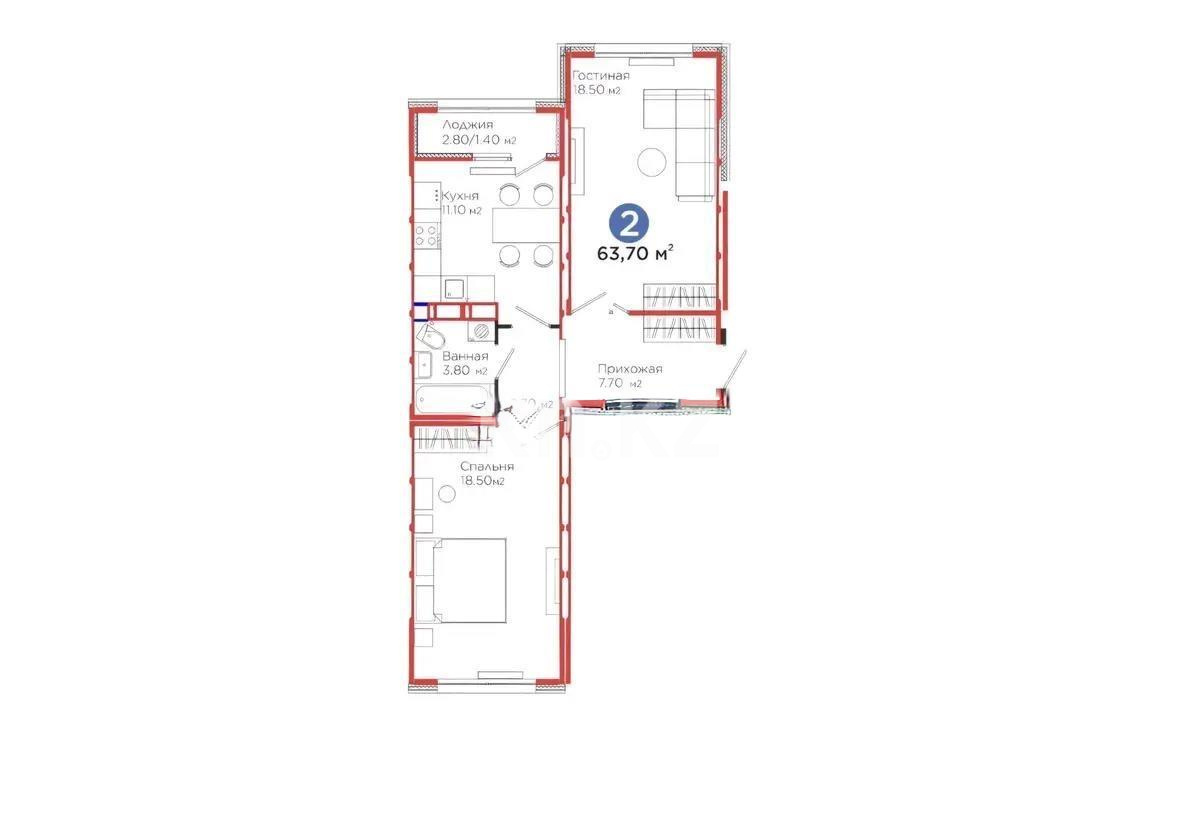 Продажа 2-комнатной квартиры, 64 м² в Астане
