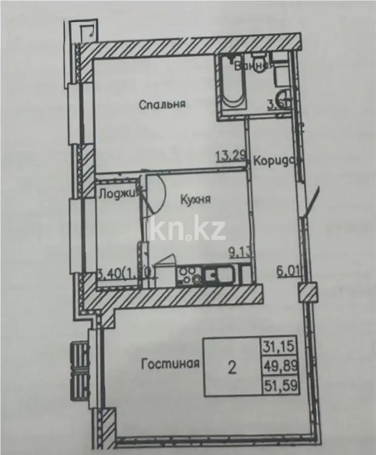 Продажа 2-комнатной квартиры, 51.3 м² в Астане