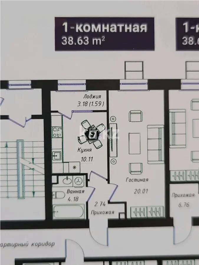 Продажа 1-комнатной квартиры, 38.63 м² в Астане