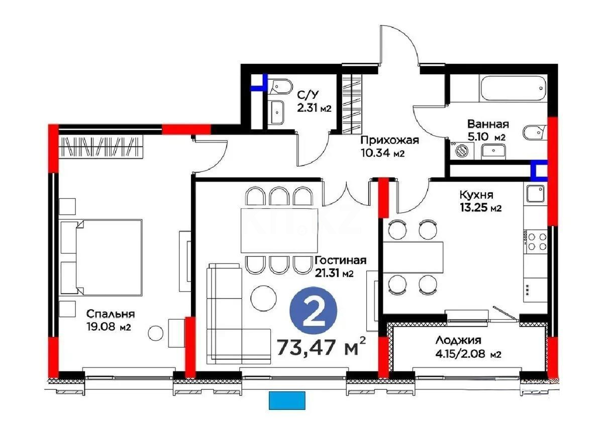 Продажа 2-комнатной квартиры, 73.47 м² в Астане