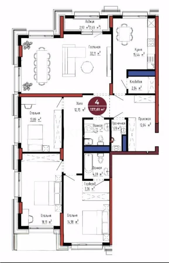 Продажа 4-комнатной квартиры, 138 м² - Продажа  четырехкомнатных квартир в новостройках Астаны с фото фото 1 из 1