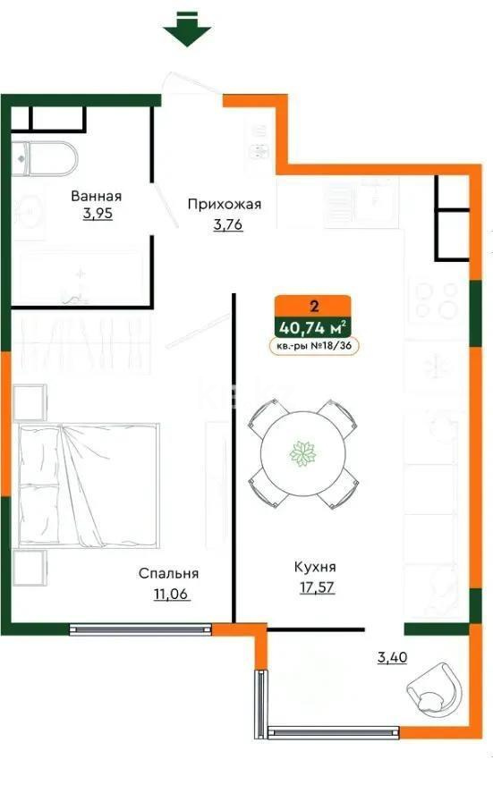 Продажа 2-комнатной квартиры, 40.74 м² в Алматы