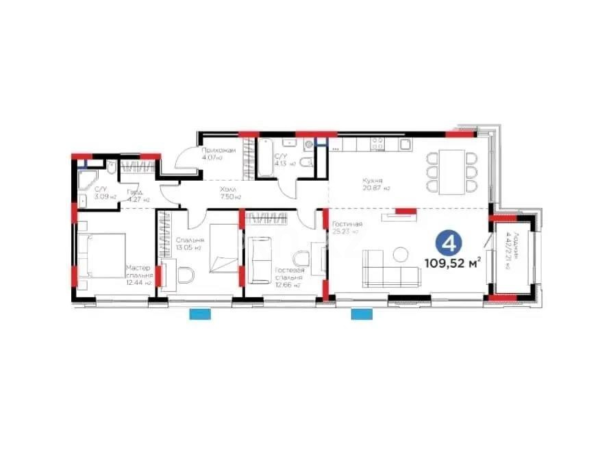 Продажа 4-комнатной квартиры, 109.52 м² в Астане
