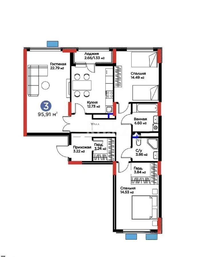 Продажа 3-комнатной квартиры, 95.91 м² в Астане