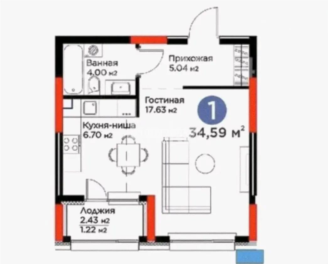 Продажа 1-комнатной квартиры, 34.59 м², пр. Туран, дом  57а - Продажа  однокомнатных квартир в Астане с фото фото 1 из 1