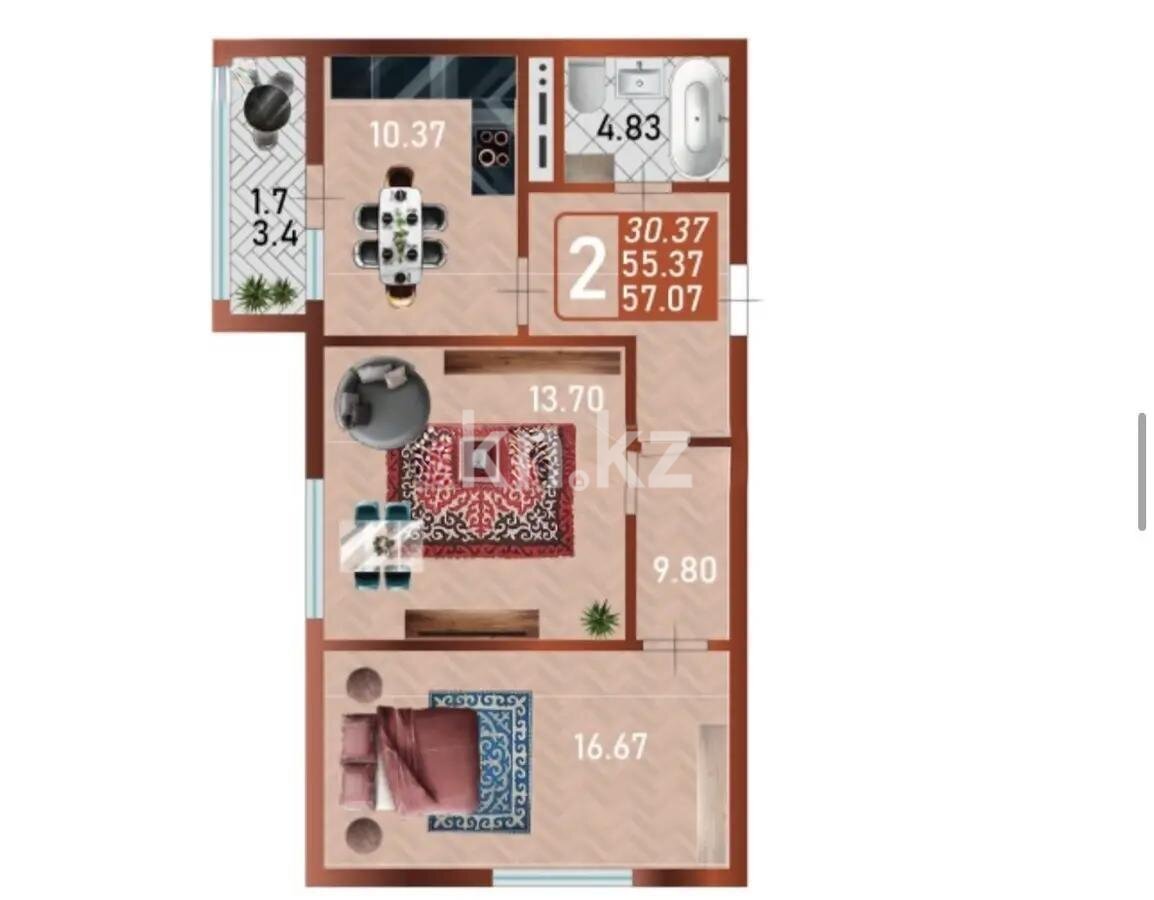 Продажа 2-комнатной квартиры, 57.7 м² в Астане