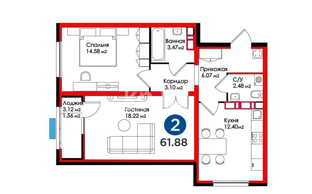 Продажа 2-комнатной квартиры, 61.88 м² - Продажа  двухкомнатных квартир в новостройках Астаны с фото - страница 4 фото 1 из 1