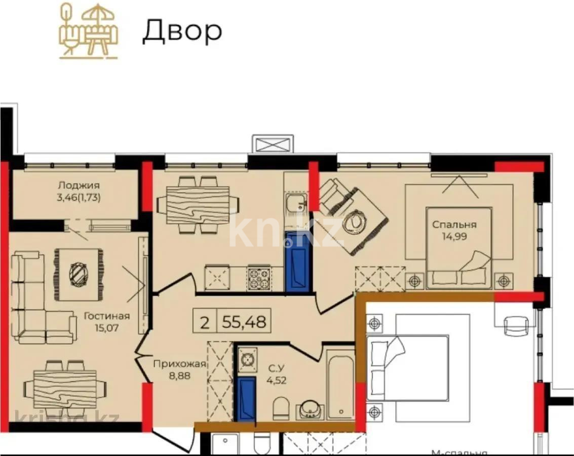 Продажа 2-комнатной квартиры, 55.48 м², ул. Анет баба, дом  4 - Продажа квартир в Астане фото 1 из 1