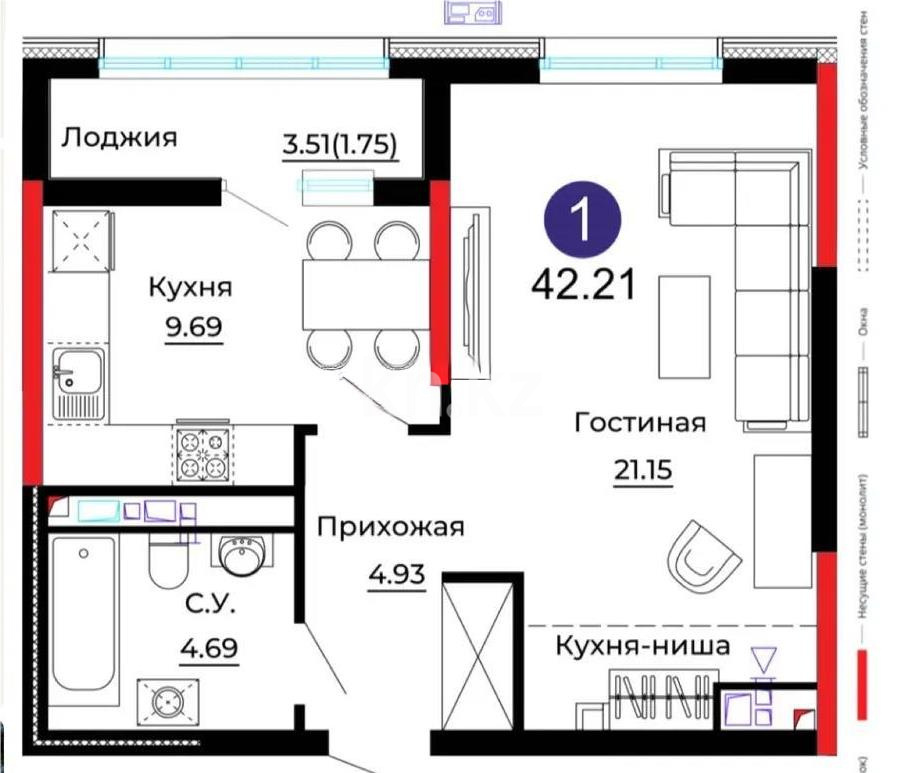 Продажа 1-комнатной квартиры, 42.21 м², ул. Е-429, дом  14/1 - Продажа  однокомнатных квартир в новостройках Астаны без посредников фото 1 из 1