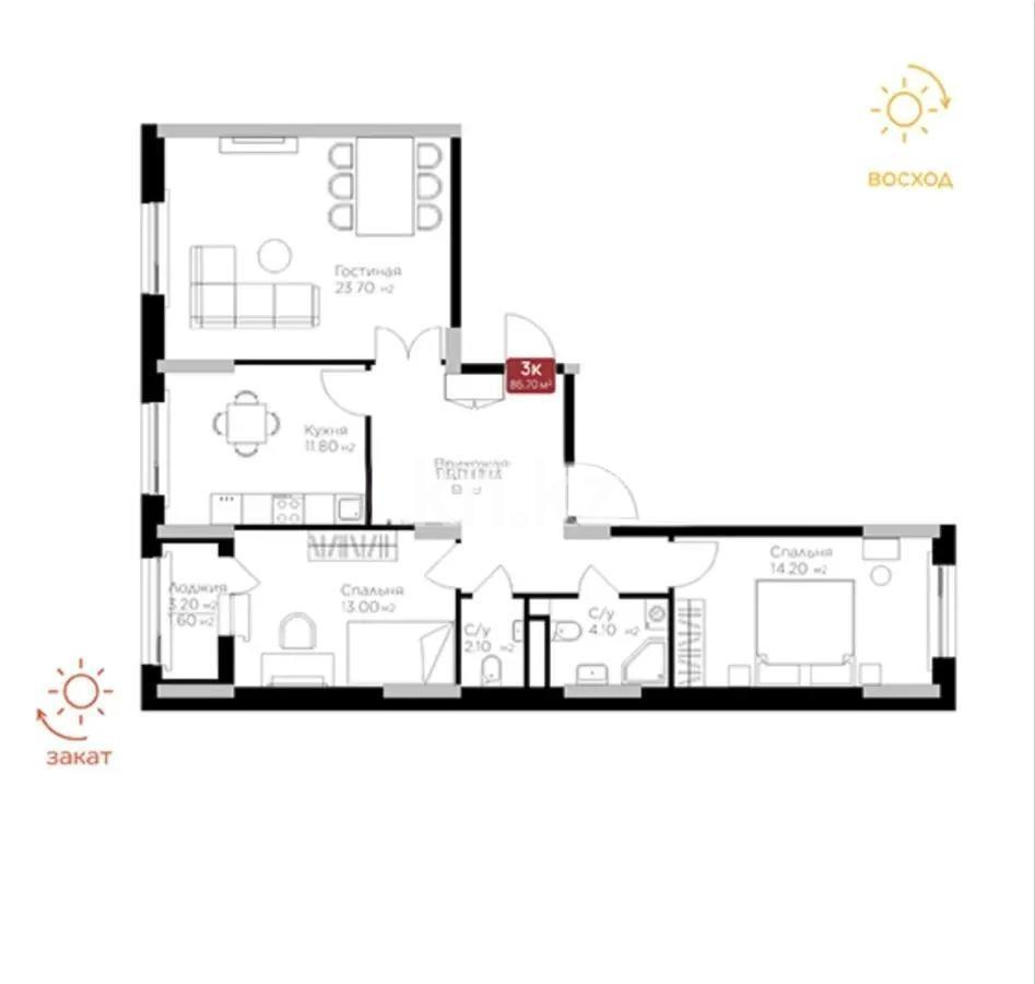 Продажа 3-комнатной квартиры, 86.7 м², ул. Е-36, дом  5 в Астане