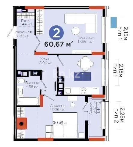 Продажа 2-комнатной квартиры, 60.67 м² в Астане