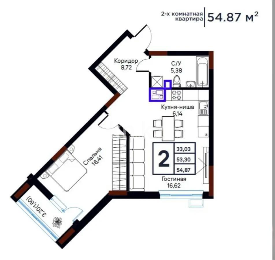 Продажа 2-комнатной квартиры, 54.87 м², ул. Шаймерденова, дом  2 - Продажа  двухкомнатных квартир в новостройках Астаны с фото фото 3 из 3