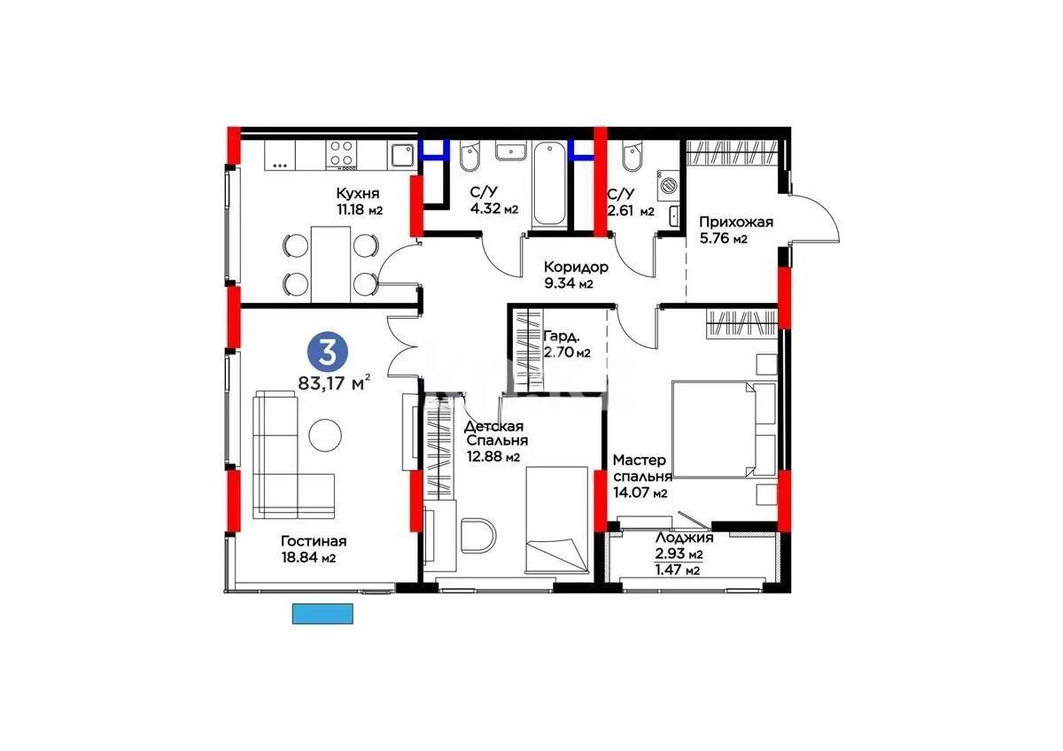 Продажа 3-комнатной квартиры, 84 м² в Астане
