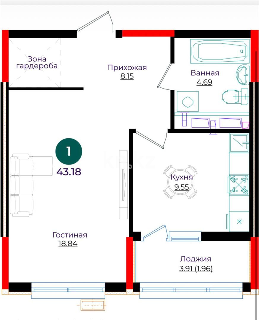 Продажа 1-комнатной квартиры, 43.18 м² в Астане - фото 4