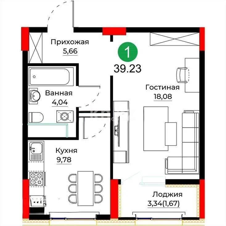 Продажа 1-комнатной квартиры, 39.23 м², ул. Е-429, дом  26 в Астане