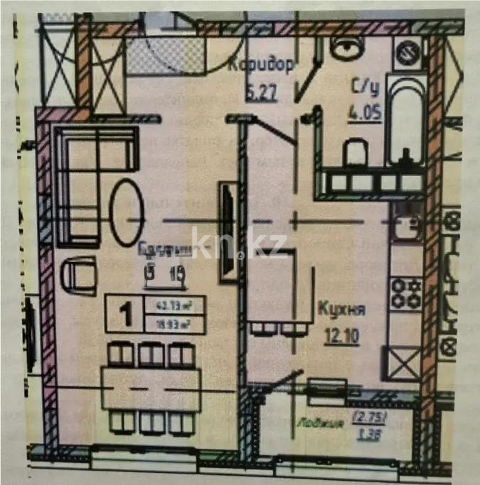 Продажа 1-комнатной квартиры, 42.73 м² в Астане