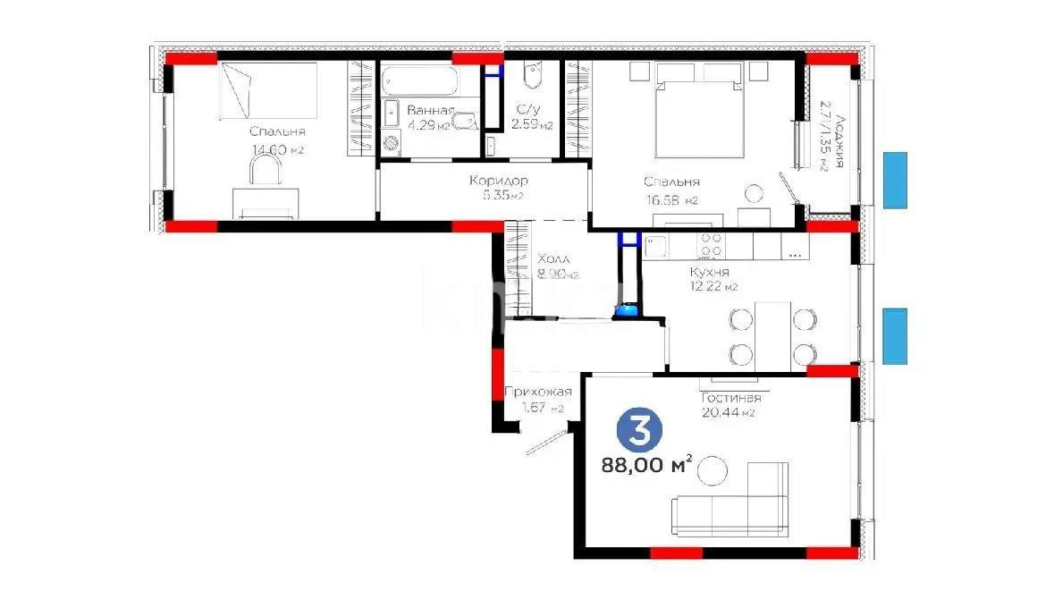 Продажа 3-комнатной квартиры, 88 м², ул. Бухар жырау, дом  57/6 - Продажа  трехкомнатных квартир в новостройках Астаны без посредников фото 1 из 1