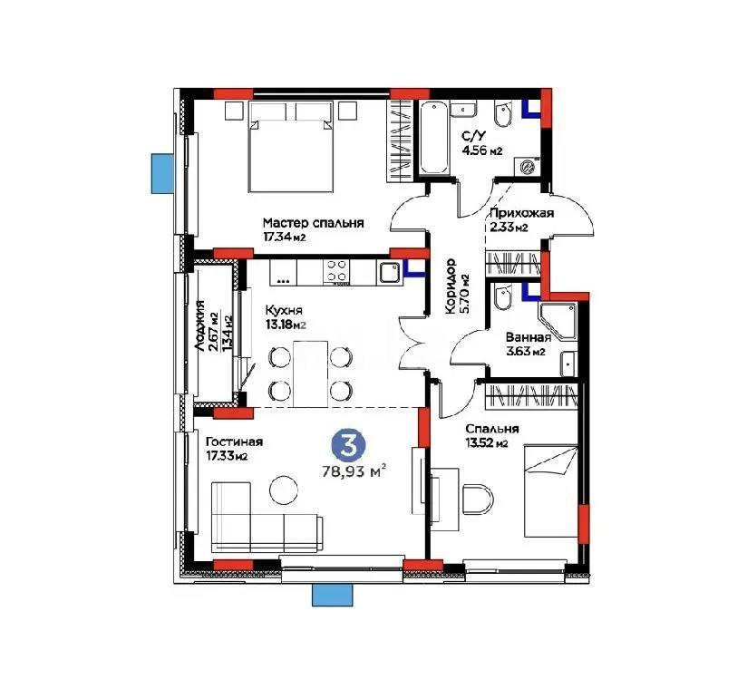 Продажа 3-комнатной квартиры, 78.9 м², ул. Жошы хана, дом  10 в Астане