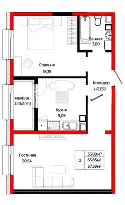 Продажа 2-комнатной квартиры, 57.59 м² - Недвижимость в Астане фото 1 из 1