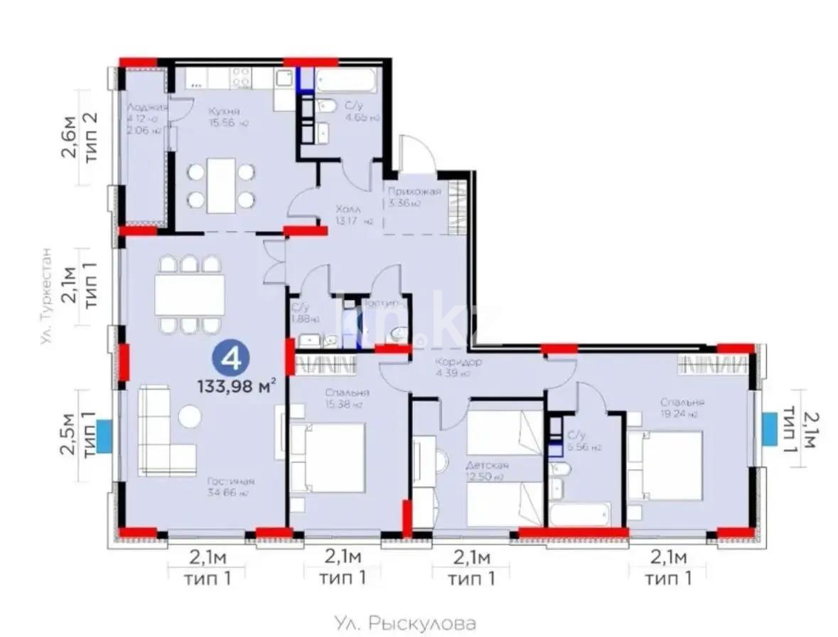 Продажа 4-комнатной квартиры, 134 м², ул. Рыскулова, дом  9 стр - Продажа  четырехкомнатных квартир в новостройках Астаны фото 1 из 1