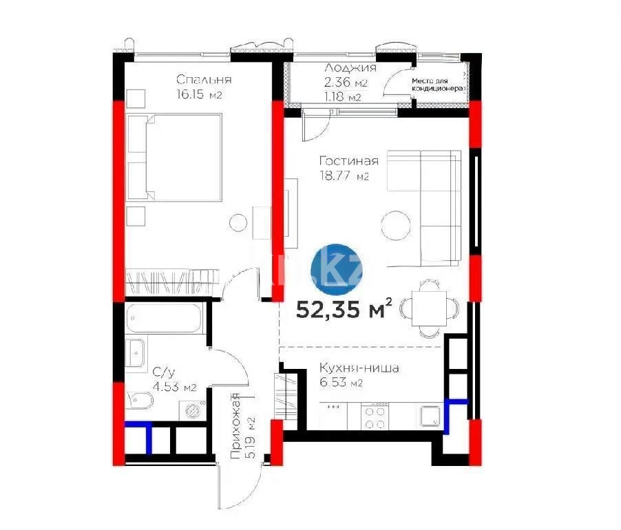 Продажа 2-комнатной квартиры, 52.35 м² в Астане