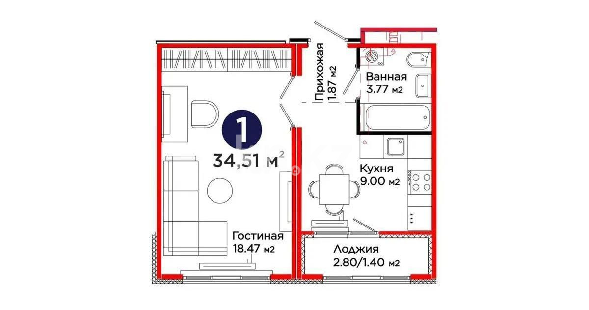 Продажа 1-комнатной квартиры, 34 м² - Продажа  однокомнатных квартир в новостройках Астаны - страница 5 фото 1 из 1