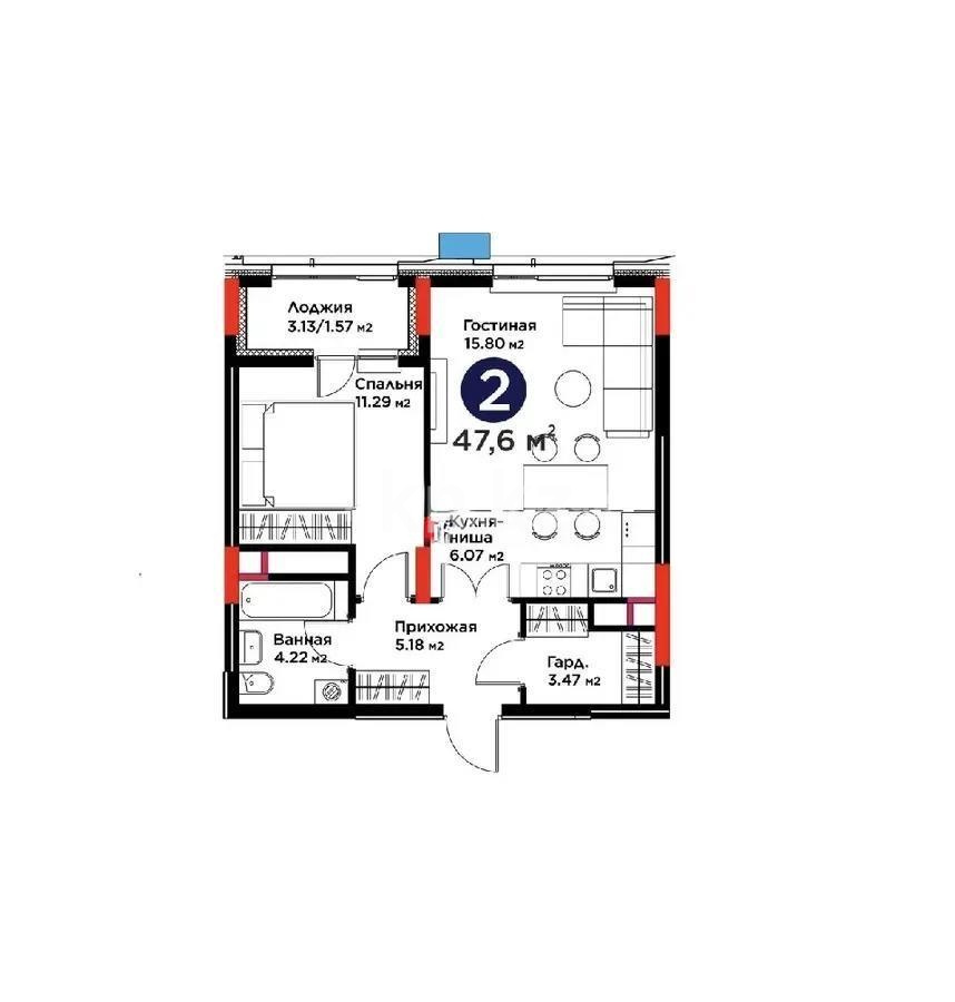 Продажа 2-комнатной квартиры, 47.6 м² в Астане