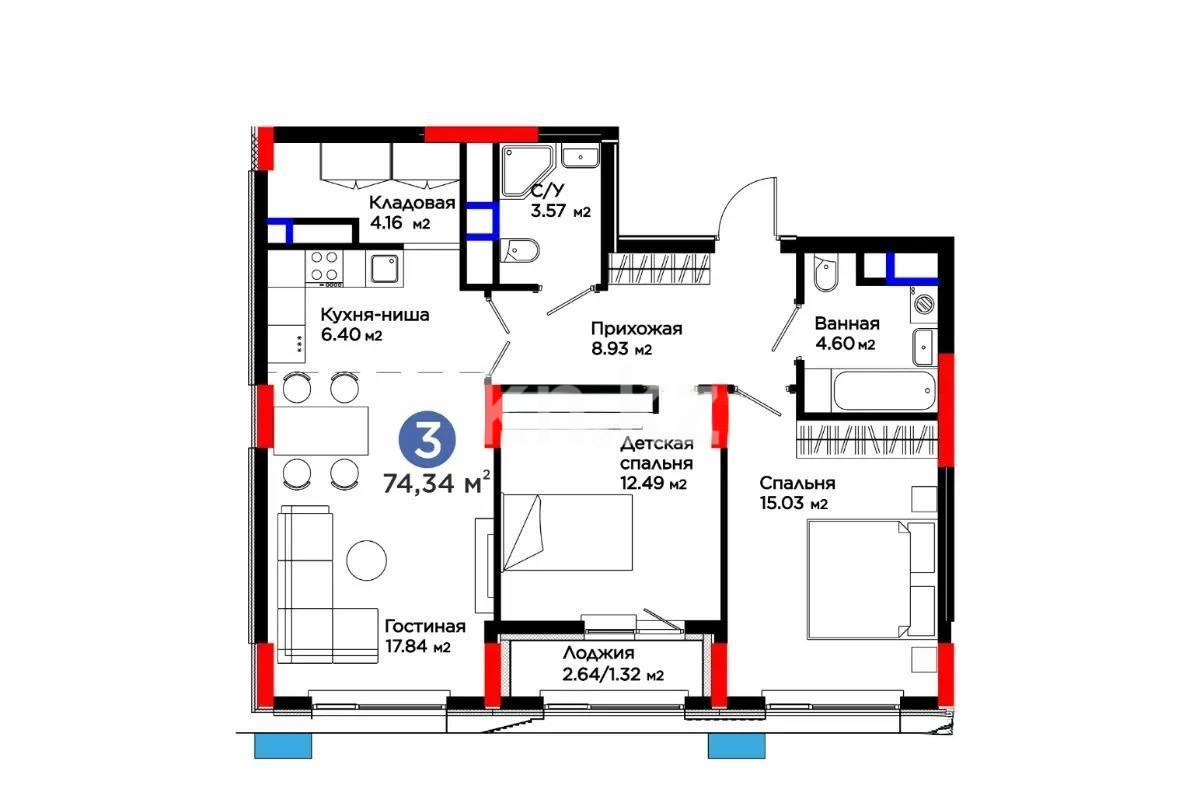 Продажа 3-комнатной квартиры, 74.34 м² - Недвижимость в Казахстане - страница 8 фото 1 из 1