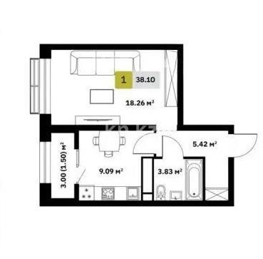 Продажа 1-комнатной квартиры, 38.1 м² - Продажа квартир в Турксибском р-не Алматы - страница 3 фото 3 из 3