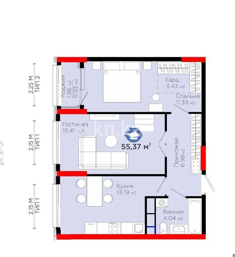 Продажа 2-комнатной квартиры, 55.37 м², пр. Туран, дом  28/1 стр - Продажа  двухкомнатных квартир в новостройках Астаны без посредников фото 1 из 1