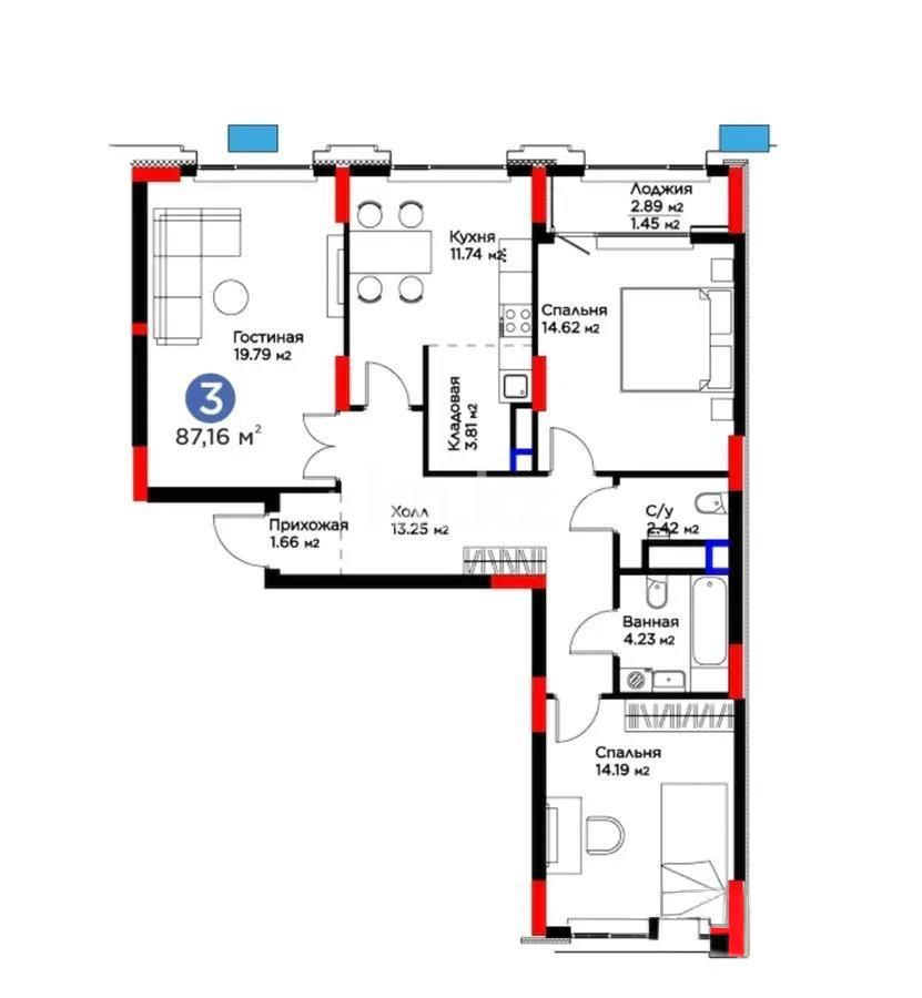 Продажа 3-комнатной квартиры, 87.16 м², пр. Туран, дом  57/5 стр - Продажа  трехкомнатных квартир в Астане без посредников с фото фото 1 из 1