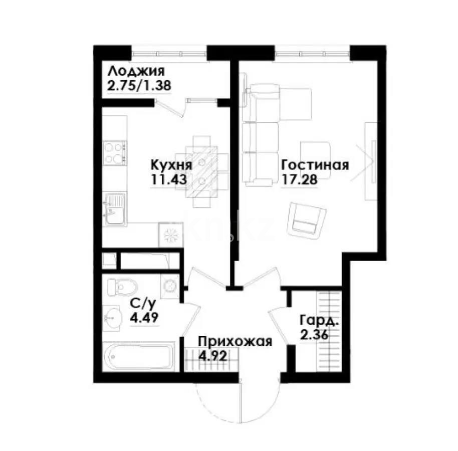 Продажа 1-комнатной квартиры, 41.84 м², ул. Симферопольская, дом  1/2 - Продажа  однокомнатных квартир в Алматы с фото фото 1 из 1