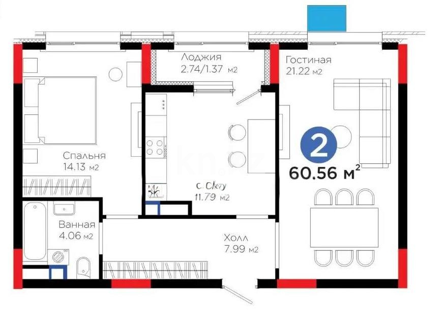Продажа 2-комнатной квартиры, 60.56 м² - Недвижимость в Казахстане - страница 32 фото 1 из 3