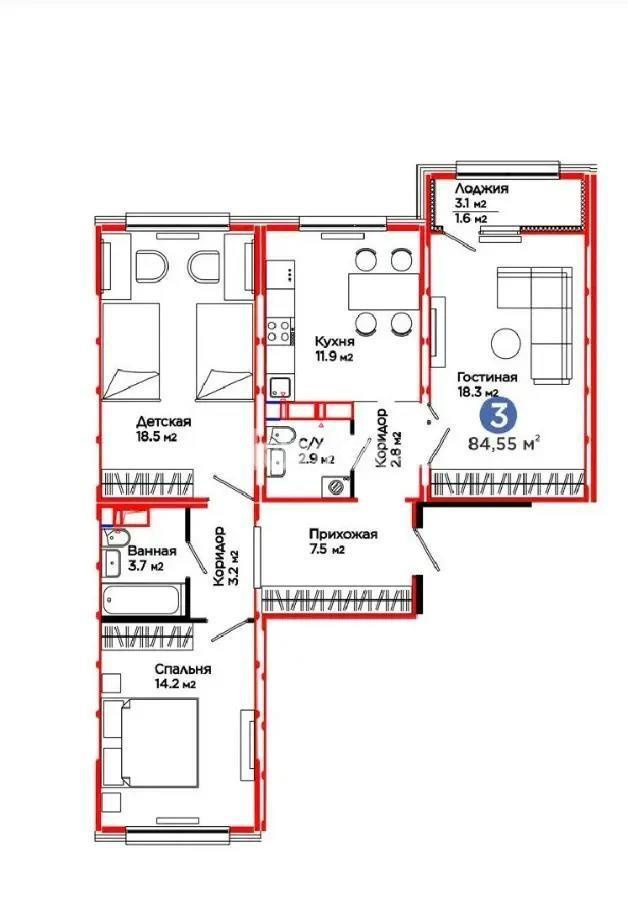 Продажа 3-комнатной квартиры, 84.55 м², ул. Е-511, дом  40 - Продажа  трехкомнатных квартир в Астане без посредников с фото фото 1 из 1