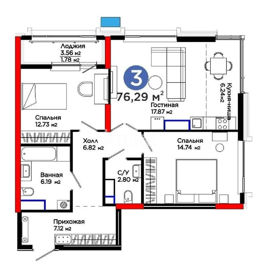 Продажа 3-комнатной квартиры, 76.29 м², пр. Аль-Фараби, дом  3 - Продажа квартир в Казахстане фото 3 из 3