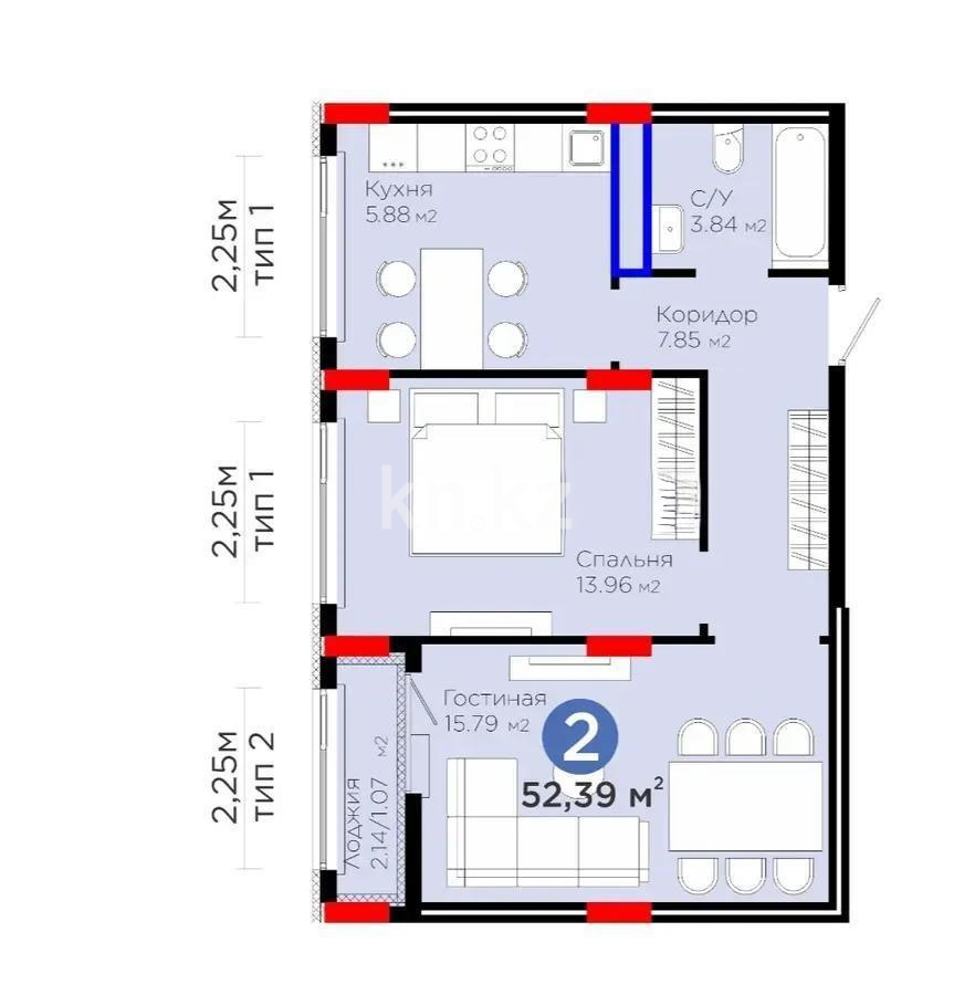 Продажа 2-комнатной квартиры, 52.39 м² в Астане