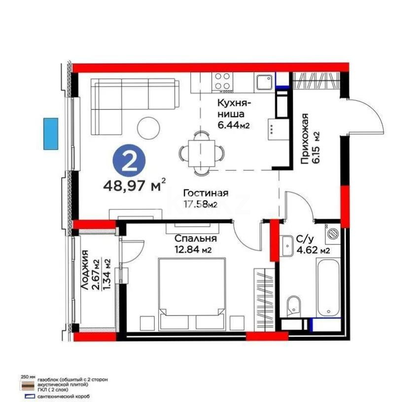 Продажа 2-комнатной квартиры, 48.97 м², ул. Рыскулова, дом  9 стр - Продажа квартир в Астане фото 1 из 1