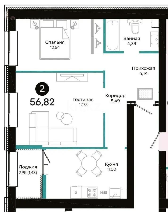 Продажа 2-комнатной квартиры, 56.82 м² в Астане