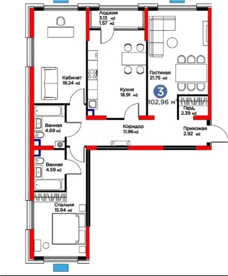 Продажа 3-комнатной квартиры, 103 м² в Алматы