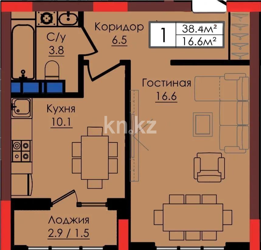 Продажа 1-комнатной квартиры, 38.4 м², пр. Тауелсыздык, дом  38/4 стр - Продажа квартир в Астане с фото фото 1 из 1