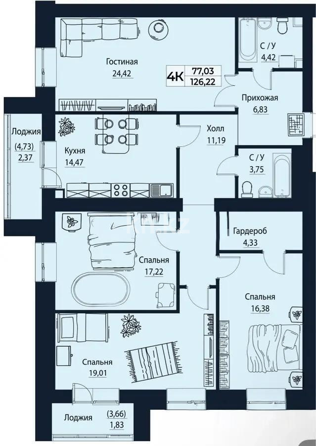 Продажа 4-комнатной квартиры, 126.22 м², ул. Баян Сулу, дом  42 стр - Продажа  четырехкомнатных квартир в новостройках Астаны без посредников фото 1 из 1
