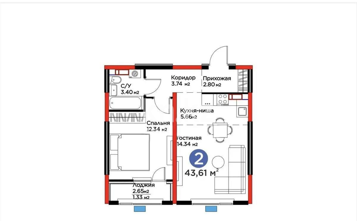 Продажа 2-комнатной квартиры, 44 м² - Недвижимость в Алматы фото 1 из 1