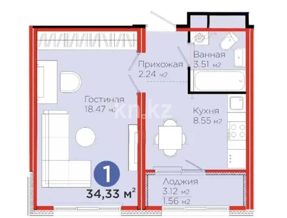Продажа 1-комнатной квартиры, 34.33 м², ул. Толе би, дом  24 - Продажа  однокомнатных квартир в Астане без посредников с фото фото 1 из 1