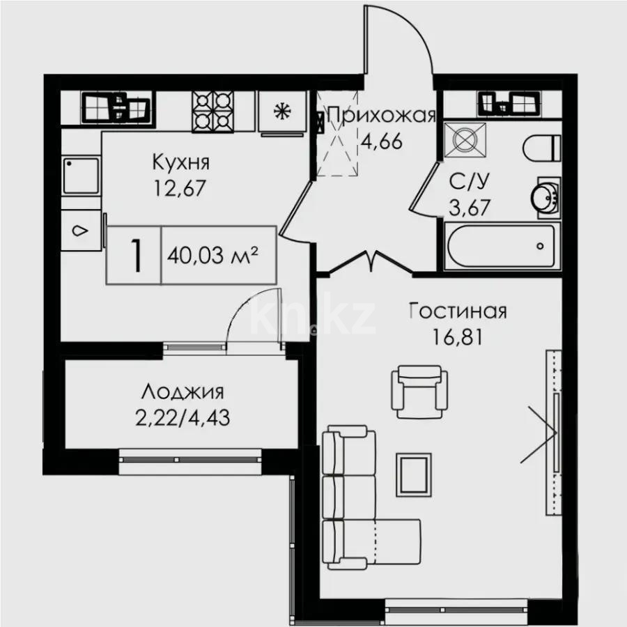 Продажа 1-комнатной квартиры, 40.3 м², пр. Улы Дала, дом  29/1 - Продажа квартир в Астане с фото фото 1 из 1