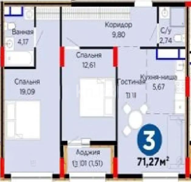 Продажа 3-комнатной квартиры, 71.27 м² в Астане
