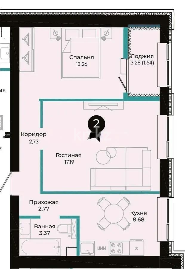 Продажа 2-комнатной квартиры, 49.64 м² в Астане