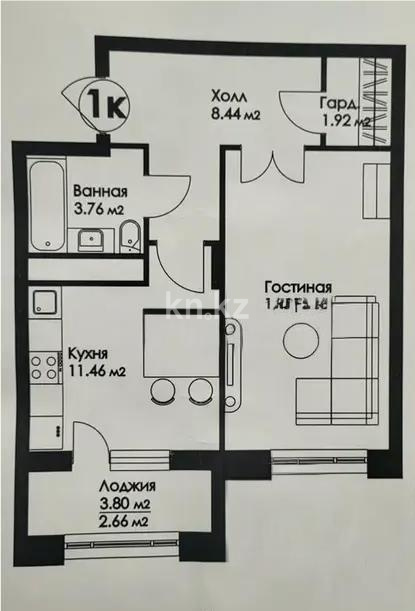 Продажа 1-комнатной квартиры, 45.11 м² в Астане