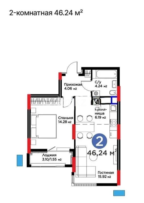 Продажа 2-комнатной квартиры, 46.24 м² в Астане