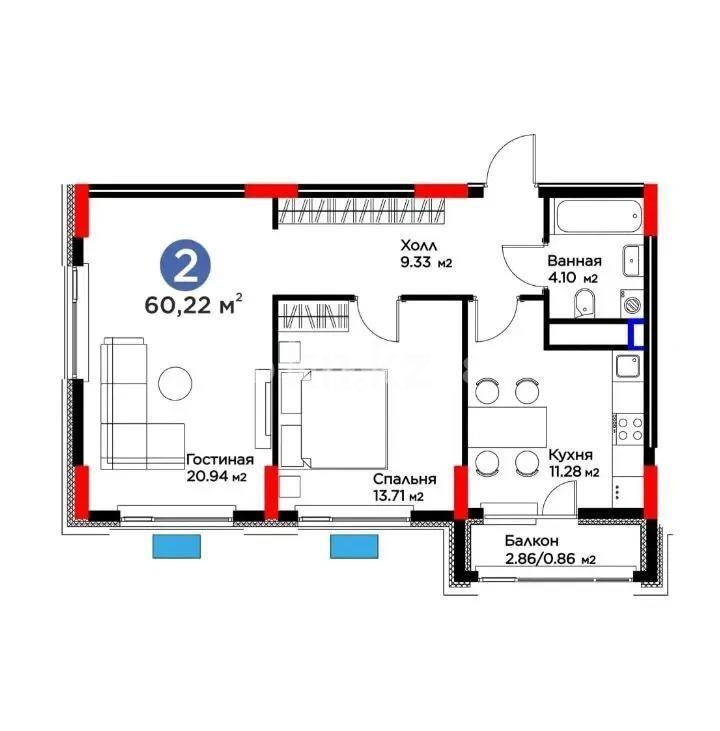 Продажа 2-комнатной квартиры, 60.22 м² в Астане